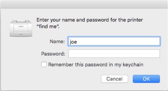 Enter a name and password for the printer